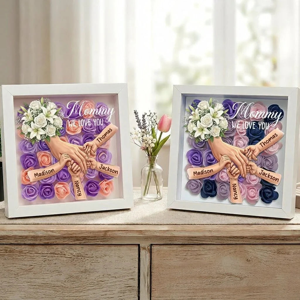 "We're Always With You"-White Lily & White Rose-Personalized Mom Holding Hands Memorial Shadow Box-Mother's Day Remembrance Frame, In Loving Memory Gift