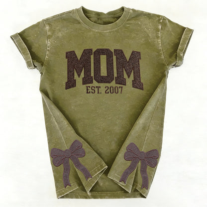 Custom Trendy and Cute Mama Embroidered Glitter Side Bow Washed Sweatshirt | Mother's Day Gift