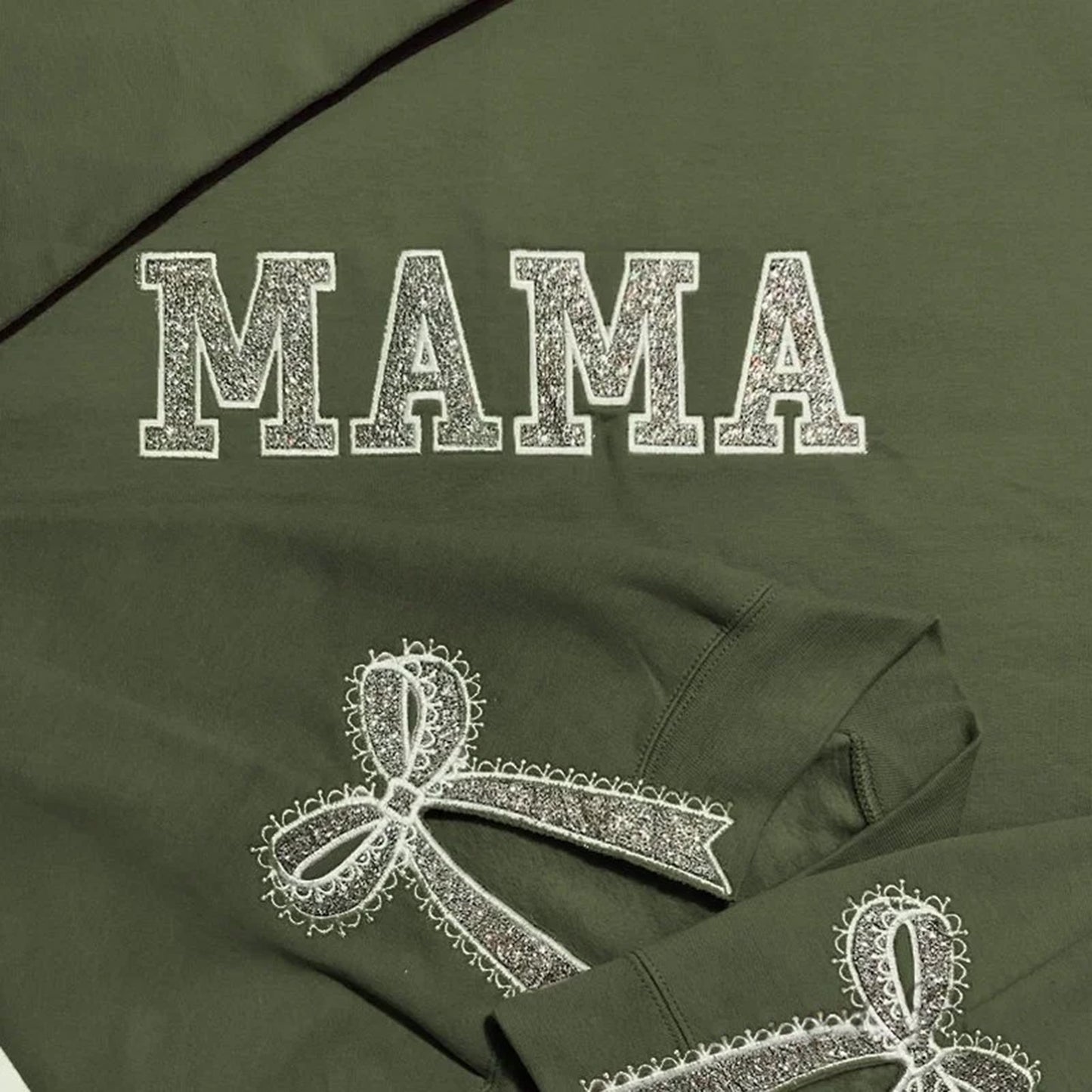 Custom Glitter Embroidered Lace Side Bow Mama Sweatshirt | Mother's Day Gifts
