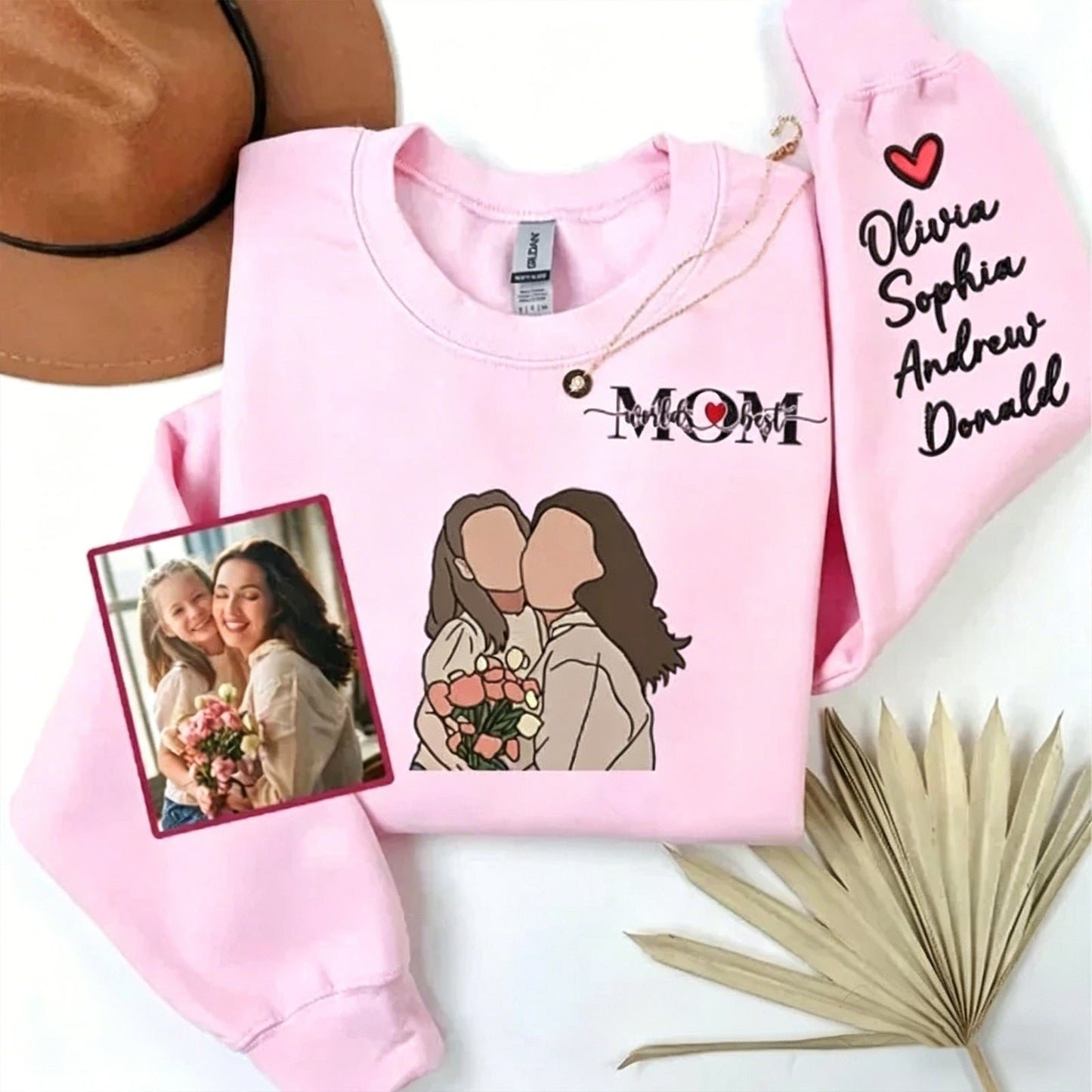 Personalized Photo Custom Embroidered Kids Names Sweatshirt for Mother’s Day Gift