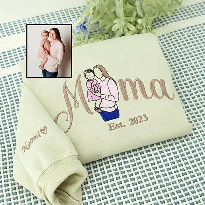 Custom Embroidered Mom Sweatshirt with Mom Kids Portrait | Mother's Day Gifts for Mom