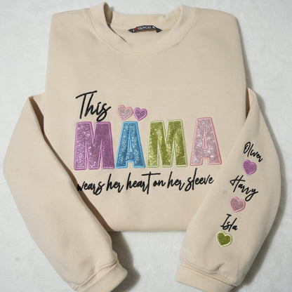 Custom Mama/Mom "Wear Heart on Her Sleeve" Sequin Sweatshirt with Kids' Names | Mother's Day Gifts