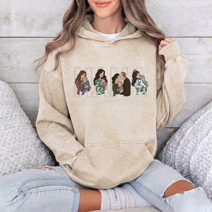 Custom Photo Portrait Embroidery Washed Sweatshirt, Gift For Mum/Family