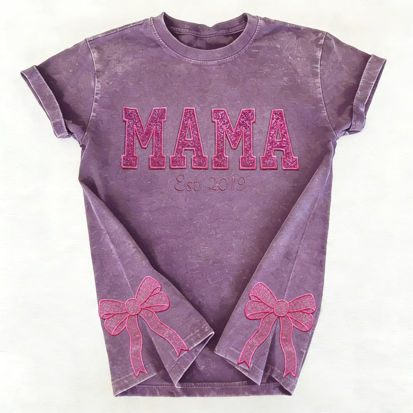 Custom Trendy and Cute Mama Embroidered Glitter Side Bow Washed Sweatshirt | Mother's Day Gift