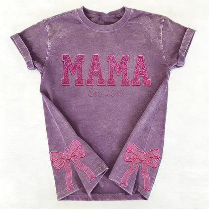 Custom Trendy and Cute Mama Embroidered Glitter Side Bow Washed Sweatshirt | Mother's Day Gift
