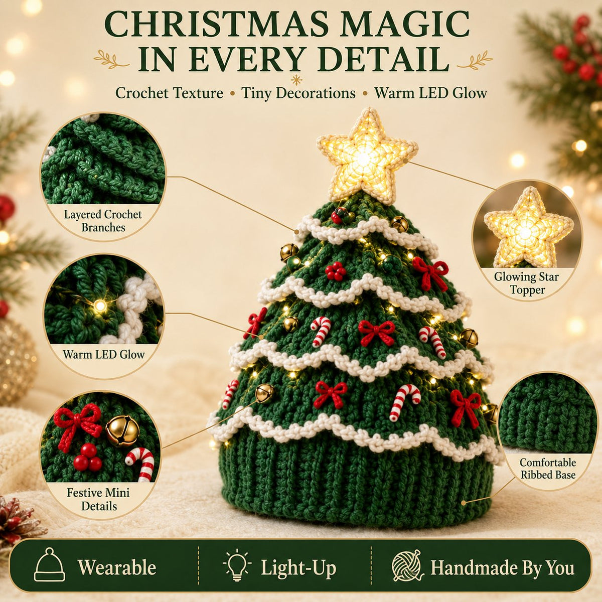 Light-Up Christmas Tree Crochet Hat DIY Kit