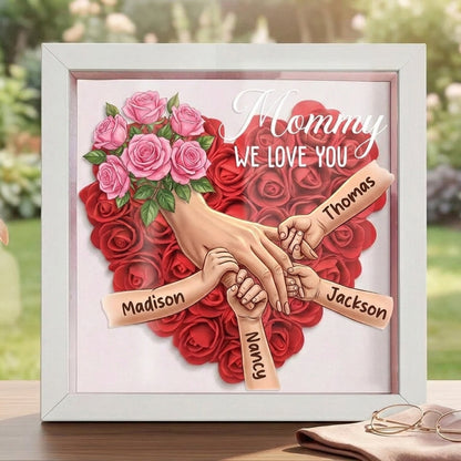 "Pink Roses"-Personalized Mom Holding Hands  Shadow Box-Mother's Day Remembrance Frame, In Loving Memory Gift
