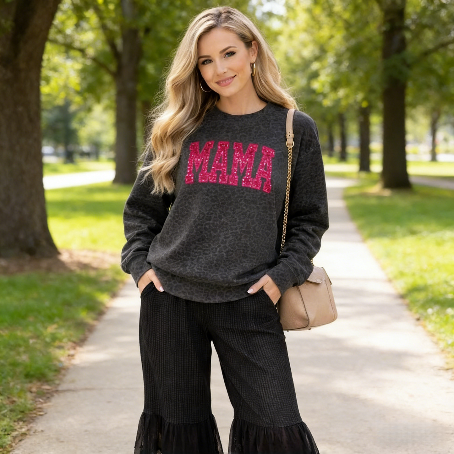 Custom Embroidered Leopard Mama Sweatshirt Sequin Name Personalized Mothers Day Gift for Mom