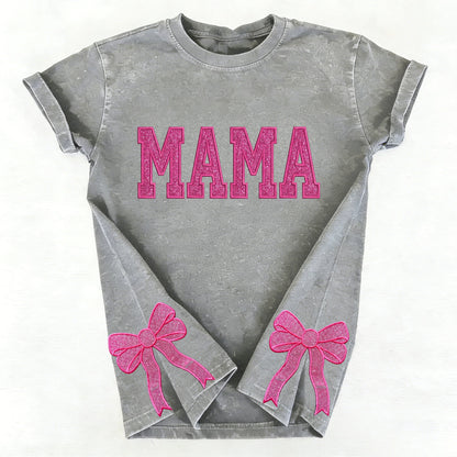 Custom Trendy and Cute Mama Embroidered Glitter Side Bow Washed Sweatshirt | Mother's Day Gift