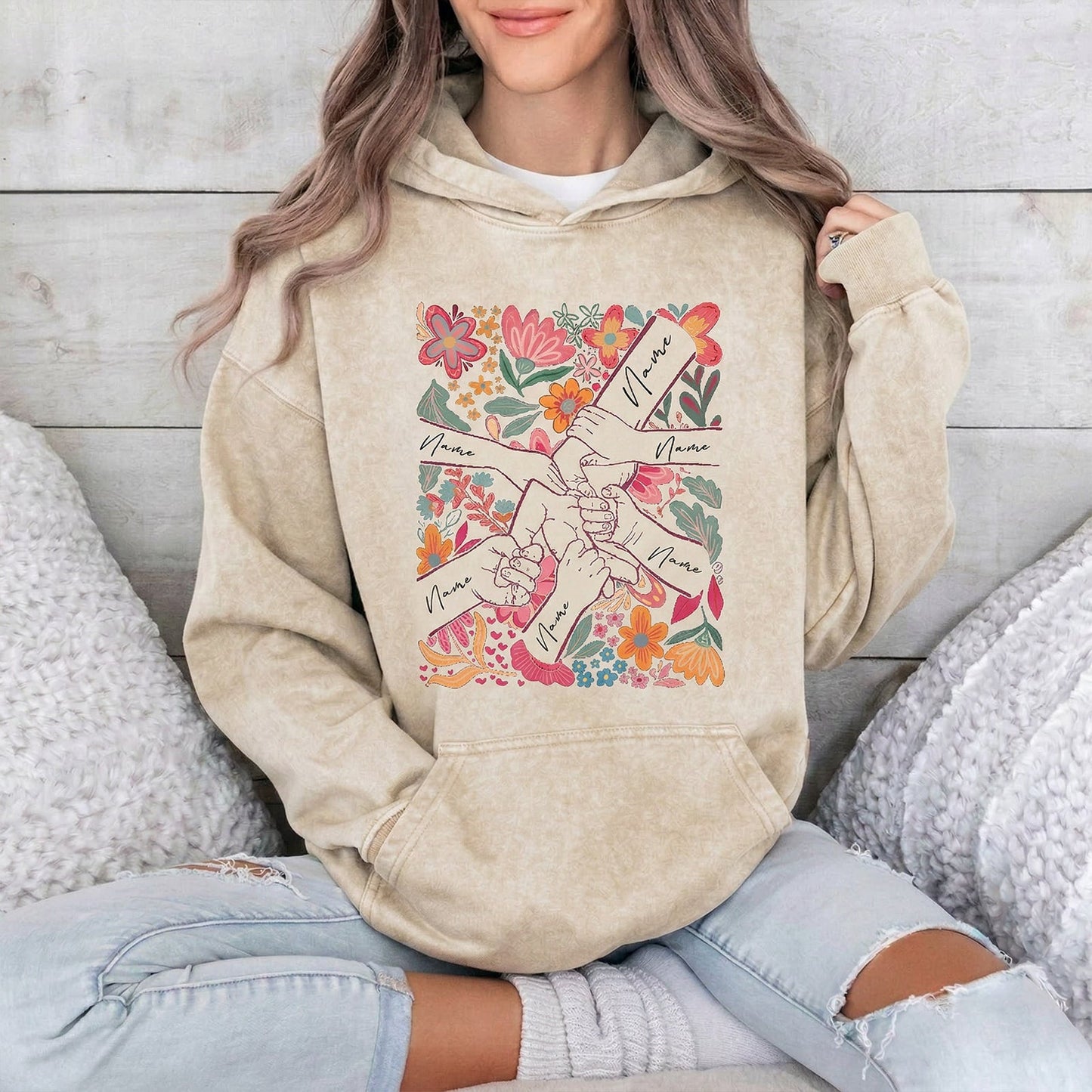Custom Mom Kids Washed T-shirt – Pinky Promise Floral Design | Personalized Family Love Tee for Mom