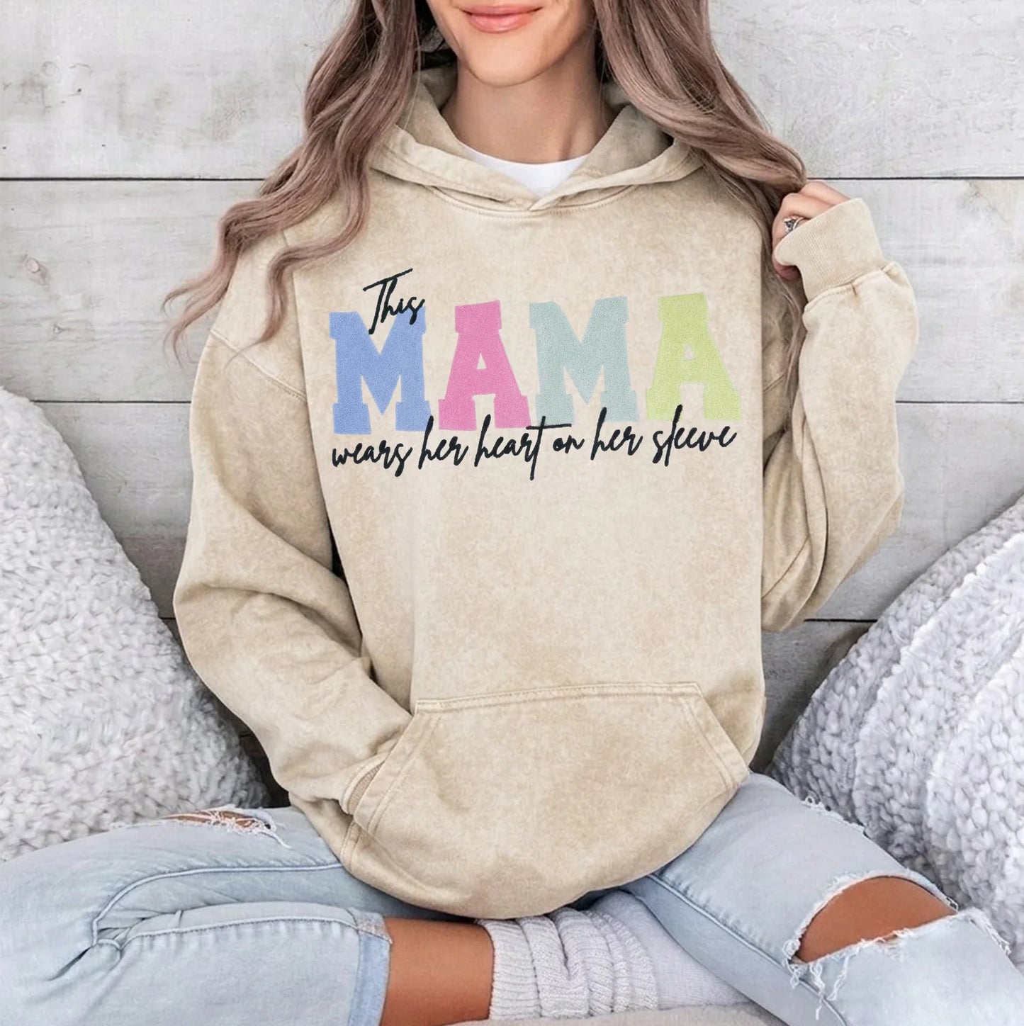 Custom Embroidered Heart on Sleeve Personalized Mommy/Grandma Washed Sweatshirt | Mother's Day Gift for Mom & Grandma