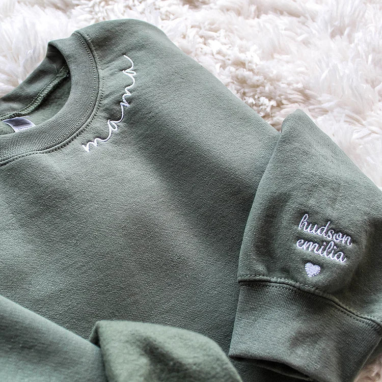 Custom Embroidered Mom Sweatshirt with name on Sleeve | Mother's Day Gift