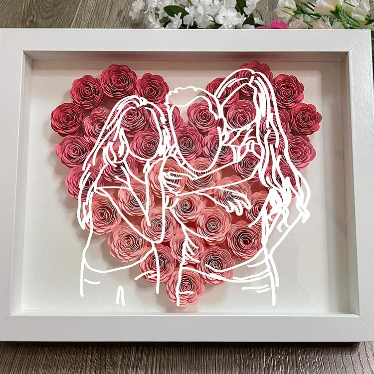 Custom Personalized Heart Line Art Flower Shadow Box | Mother's Day, Birthday Gift