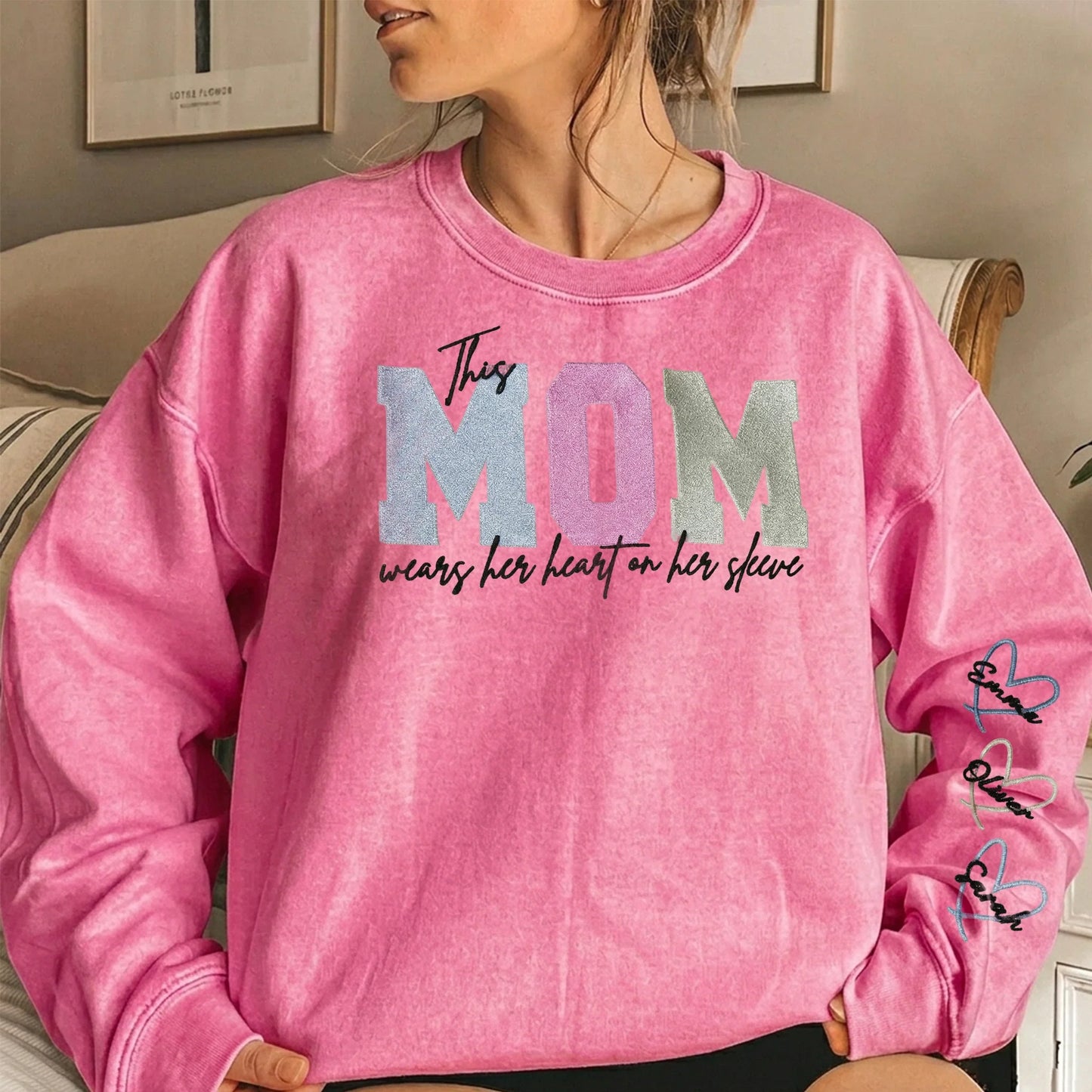 Custom Embroidered Heart on Sleeve Personalized Mommy/Grandma Washed Sweatshirt | Mother's Day Gift for Mom & Grandma