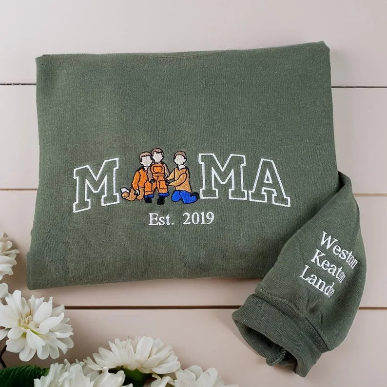 Custom Embroidered Photo Mom and Kids Family Portrait Sweatshirt |  Mother's Day Gifts