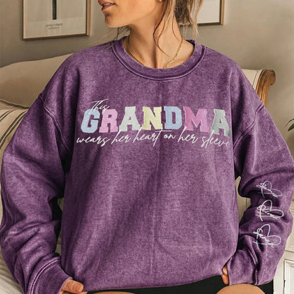 Custom Embroidered Heart on Sleeve Personalized Mommy/Grandma Washed Sweatshirt | Mother's Day Gift for Mom & Grandma