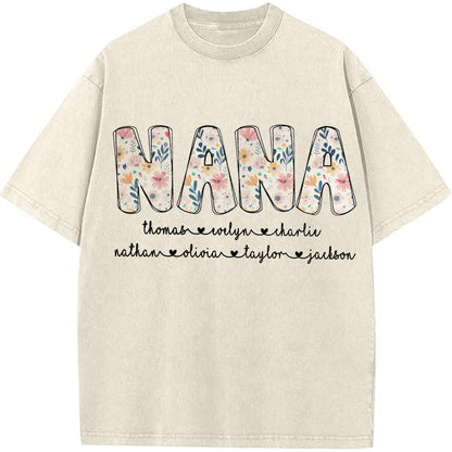 Personalized Nana Vintage Washed Sweatshirt with Grandkids' Names - Floral Grandma Gift