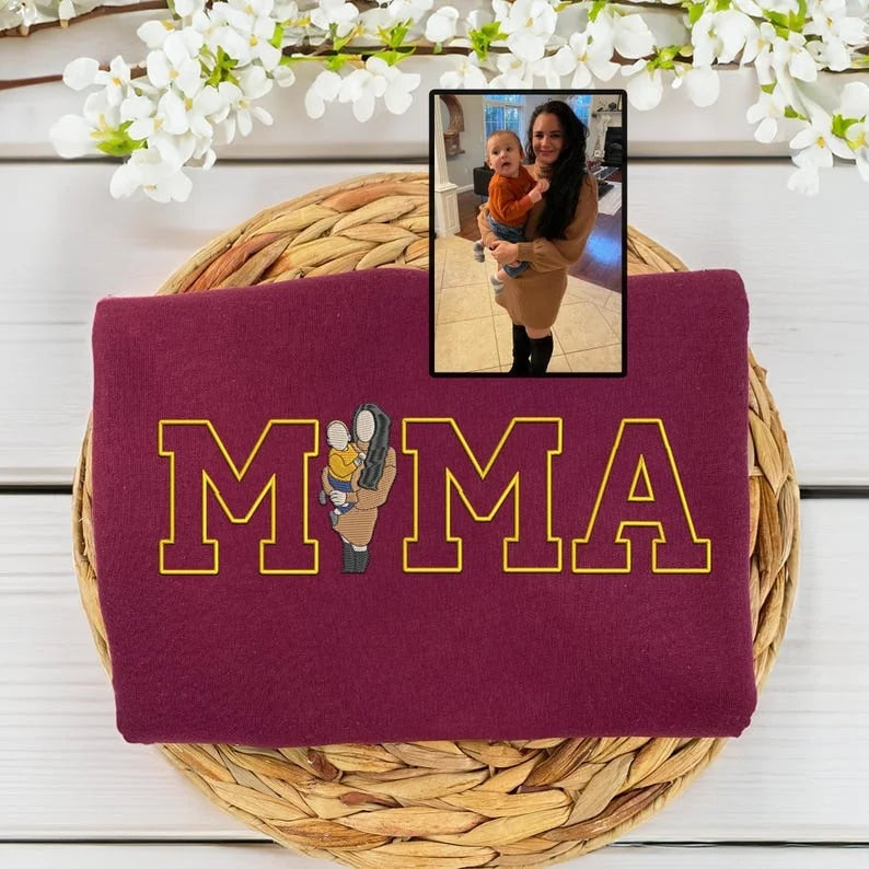 Custom Embroidered Photo Mom and Kids Family Portrait Sweatshirt |  Mother's Day Gifts