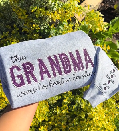 Custom Glitter Mama Wears Her Heart On Her Sleeves Embroidered Sweatshirt | Mother’s Day gift