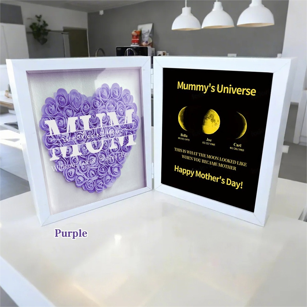 Mum We Love You With REAL MOON PHASE Anniversary Calendar - Mummy's Universe Personalized Heart Shape Flower Shadow Box