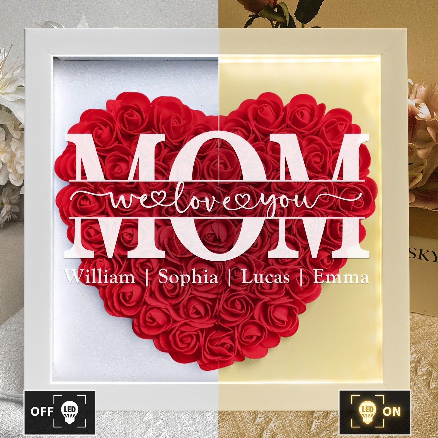 We Love You Mom - Personalized Flower Shadow Box With LED Light | Mother's Day Gifts