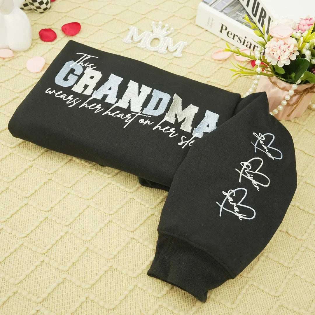 Wears Your Heart on Your Sleeve - Embroidered Mama Sweatshirt with Kids’ Names | Mother's Day Gift for Mom & Grandma