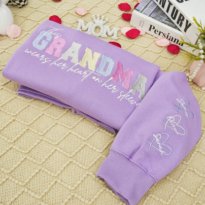 Wears Your Heart on Your Sleeve - Embroidered Mama Sweatshirt with Kids’ Names | Mother's Day Gift for Mom & Grandma