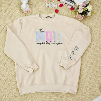 Wears Your Heart on Your Sleeve - Embroidered Mama Sweatshirt with Kids’ Names | Mother's Day Gift for Mom & Grandma