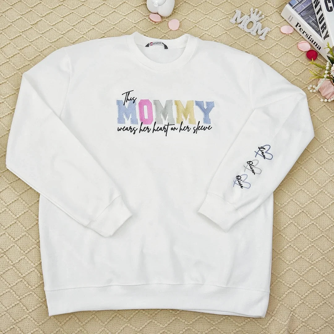 Wears Your Heart on Your Sleeve - Embroidered Mama Sweatshirt with Kids’ Names | Mother's Day Gift for Mom & Grandma