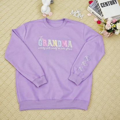 Wears Your Heart on Your Sleeve - Embroidered Mama Sweatshirt with Kids’ Names | Mother's Day Gift for Mom & Grandma