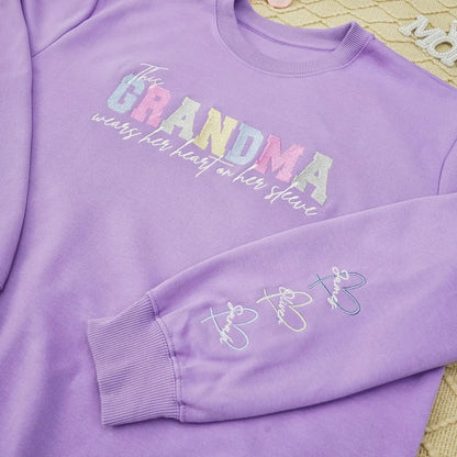 Wears Your Heart on Your Sleeve - Embroidered Mama Sweatshirt with Kids’ Names | Mother's Day Gift for Mom & Grandma