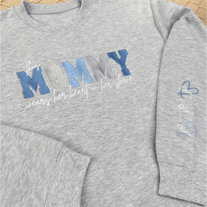 Wears Your Heart on Your Sleeve - Embroidered Mama Sweatshirt with Kids’ Names | Mother's Day Gift for Mom & Grandma