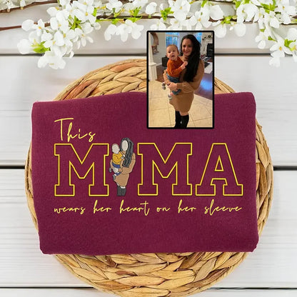 Custom This Mama Wears Her Heart On Her Sleeve Photo Embroidered Sweatshirt, Mother's Day Gift