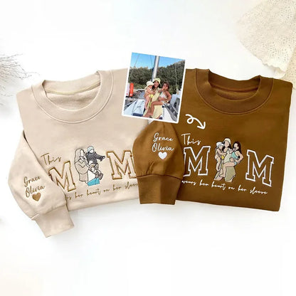 Custom This Mama Wears Her Heart On Her Sleeve Photo Embroidered Sweatshirt, Mother's Day Gift