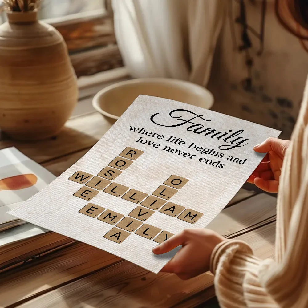 Family Where Life Begins and Love Never Ends Crossword Personalised Poster