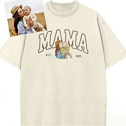 Personalized Vintage Washed Mama Kids Portrait Mothers Day Gift  Soft Fit Memory Shirt  Family Keepsake Tee