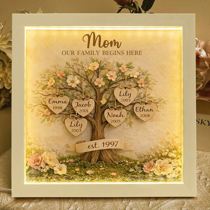 Personalized Mom Family Tree With Kids' Names Birth Years LED Light Shadow Box Wooden Ornament