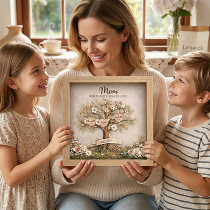 Personalized Mom Family Tree With Kids' Names Birth Years LED Light Shadow Box Wooden Ornament
