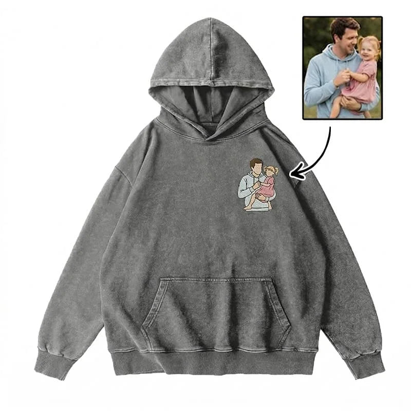 Custom Personalized Dad Portrait Embroidered Washed Sweatshirt, Hoodie & T-Shirt