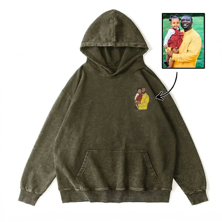 Custom Personalized Dad Portrait Embroidered Washed Sweatshirt, Hoodie & T-Shirt