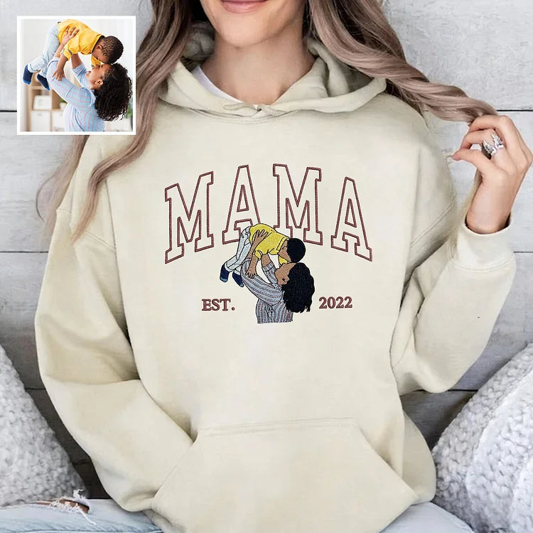 Custom Embroidered Sweatshirt with Mama and Kids Portrait | Mother's Day Gift