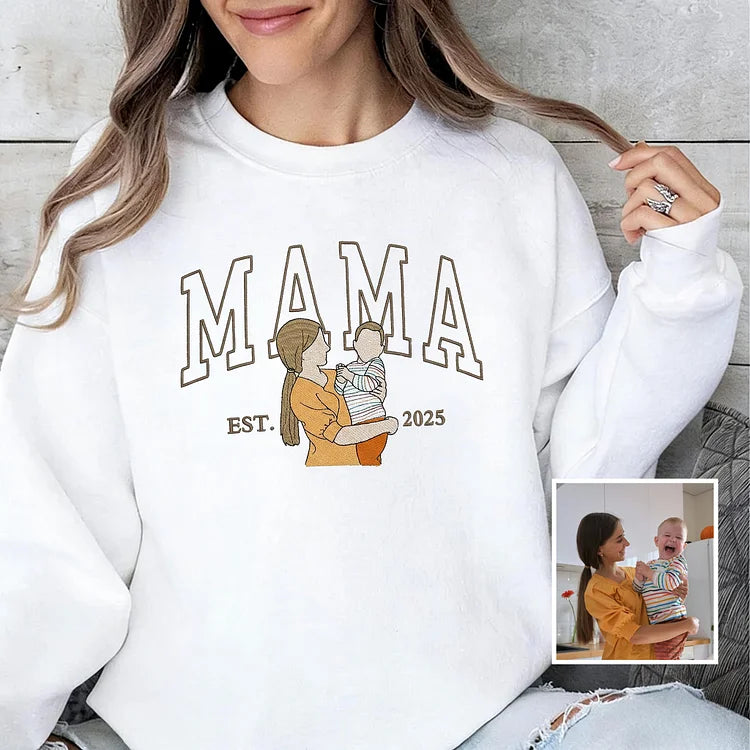 Custom Embroidered Sweatshirt with Mama and Kids Portrait | Mother's Day Gift