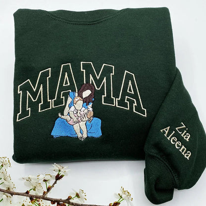 Custom Embroidered Sweatshirt with Mama and Kids Portrait | Mother's Day Gift
