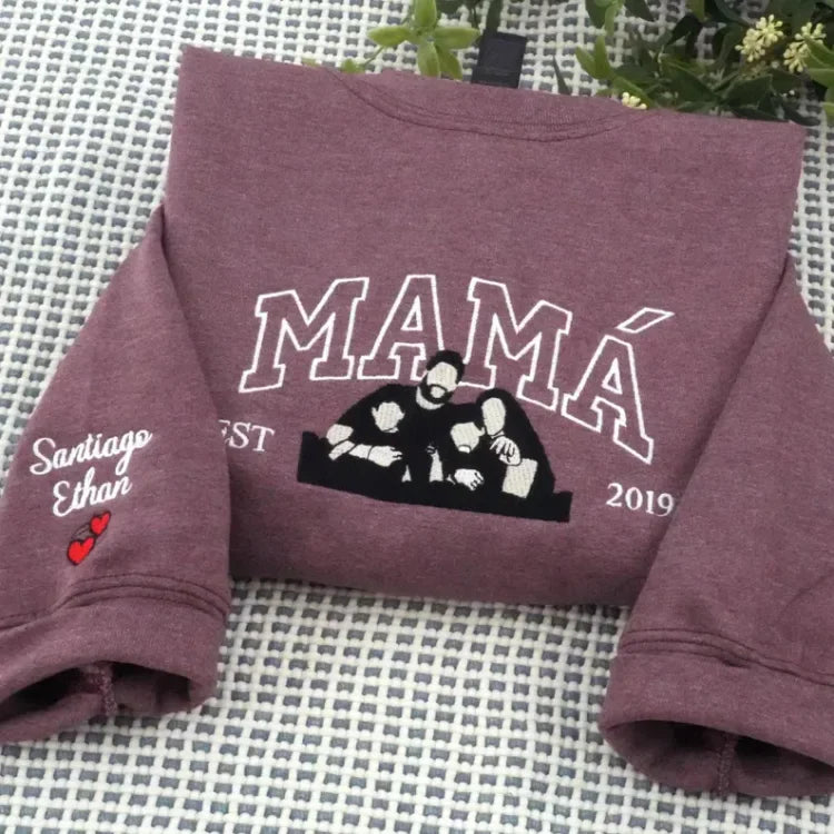 Custom Embroidered Sweatshirt with Mama and Kids Portrait | Mother's Day Gift