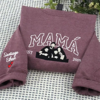 Custom Embroidered Sweatshirt with Mama and Kids Portrait | Mother's Day Gift