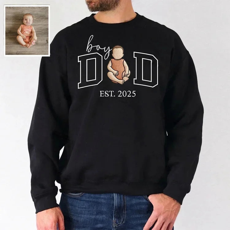 Custom Embroidered Boy Dad Portrait Sweatshirt with Baby Photo - Father's Day Gift