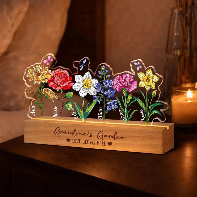 Personalized Grandma's Garden LED Night Light - Custom Birth Month Flowers & Names - Unique Gift for Mom, Nana & Grandma