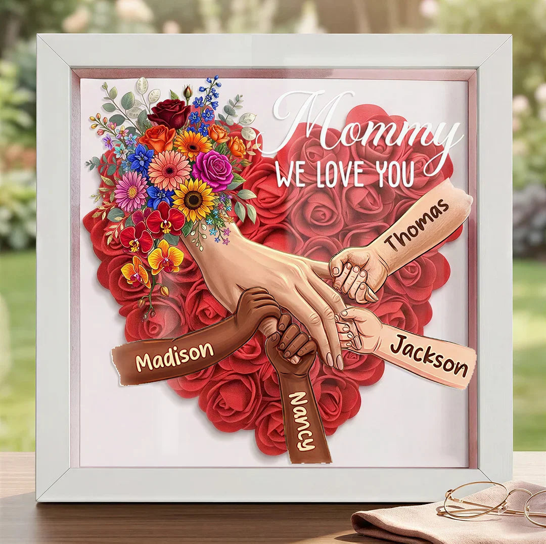 Personalized Mommy Holding Hands Shadow Box – Custom Mixed Skin Tone Hands & Kids Names Floral Heart Frame | Mother’s Day Gift