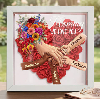 Personalized Mommy Holding Hands Shadow Box – Custom Mixed Skin Tone Hands & Kids Names Floral Heart Frame | Mother’s Day Gift