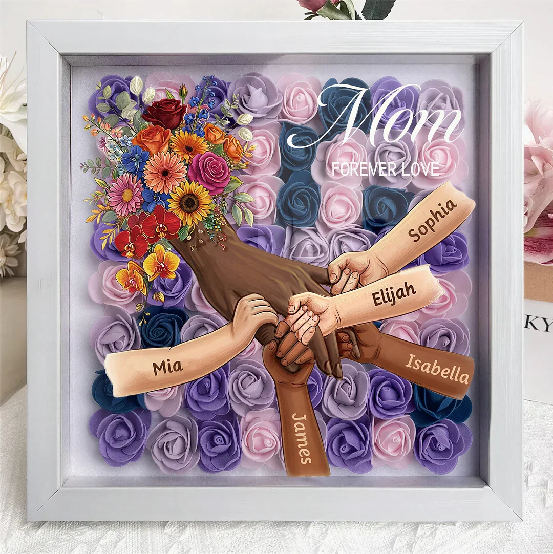 Personalized Mommy Holding Hands Shadow Box – Custom Mixed Skin Tone Hands & Kids Names Floral Heart Frame | Mother’s Day Gift